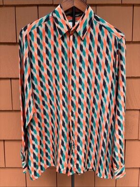 Genelli Vintage Silk Geometric Pattern Button Down Shirt Mens Size M Teal Orange